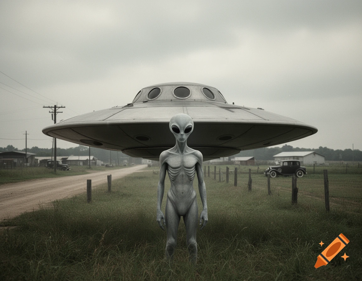 Black and white photograph of a grey alien standing in a rural field in front of a landed UFO.