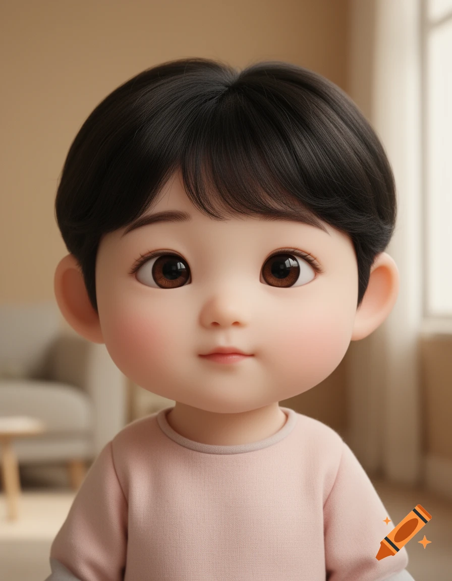 Close-up 3D render of a cute child with short black hair and brown eyes wearing a pink shirt, in a soft-focus indoor setting.
