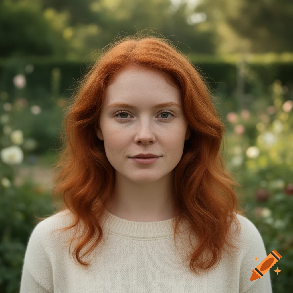 Photorealistic portrait of a young woman with red hair and freckles, wearing a cream sweater in a garden setting.