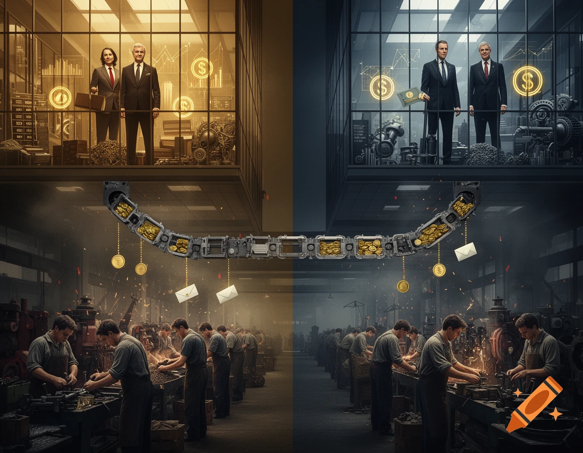 Split view illustration showing capitalists in glass offices above and manual workers in a factory below.