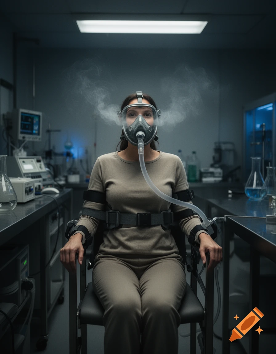 Photorealistic image of a woman in a laboratory wearing a mask with smoke, bound to a chair.