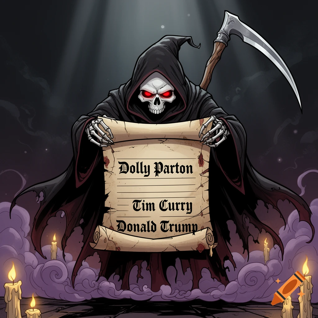 Cartoon grim reaper in a black hood holding a scroll with names, surrounded by glowing candles and purple smoke.