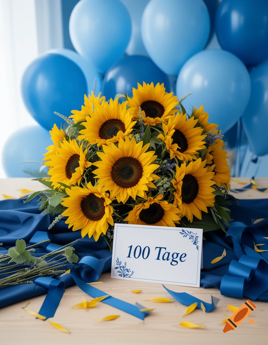 A bouquet of sunflowers with a sign reading '100 Tage' surrounded by blue balloons and blue cloth.