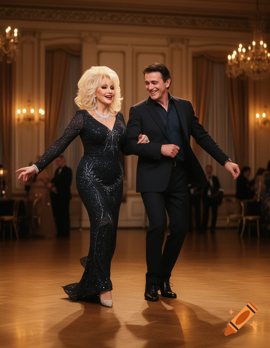 Photorealistic image of Dolly Parton and Tim Curry dancing arm in arm in a grand ballroom.