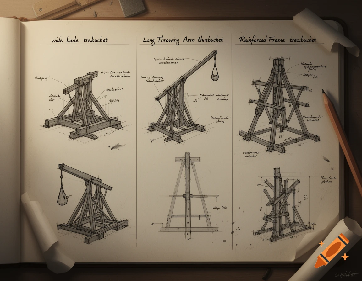 An open notebook with technical sketches and handwritten notes comparing different types of trebuchets.