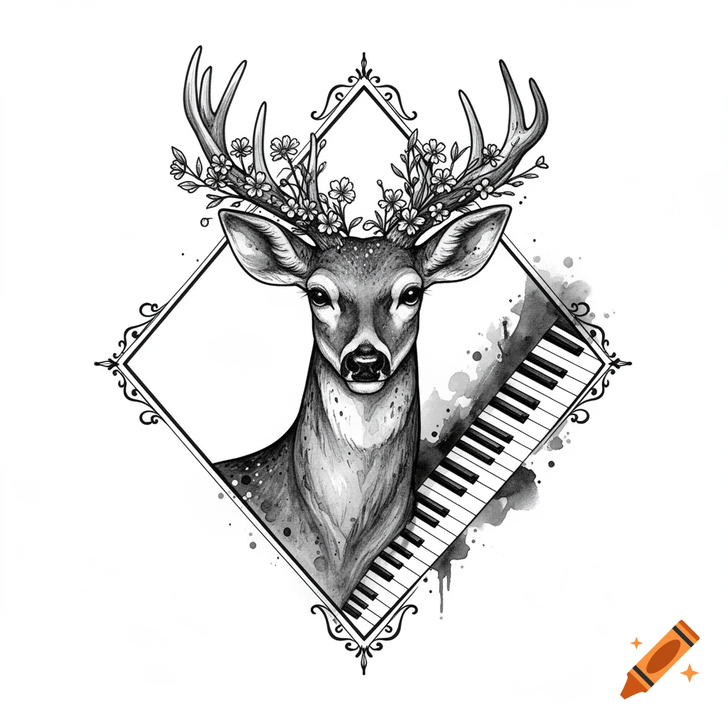 Tattoo design of a deer head with antlers adorned with flowers, framed by a diamond shape with piano keys.