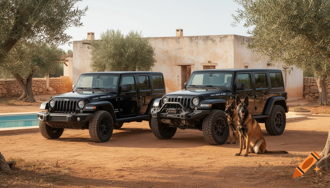Photorealistic image of two black Jeep vehicles and two Belgian Malinois dogs parked in a rustic Mediterranean farm yard.
