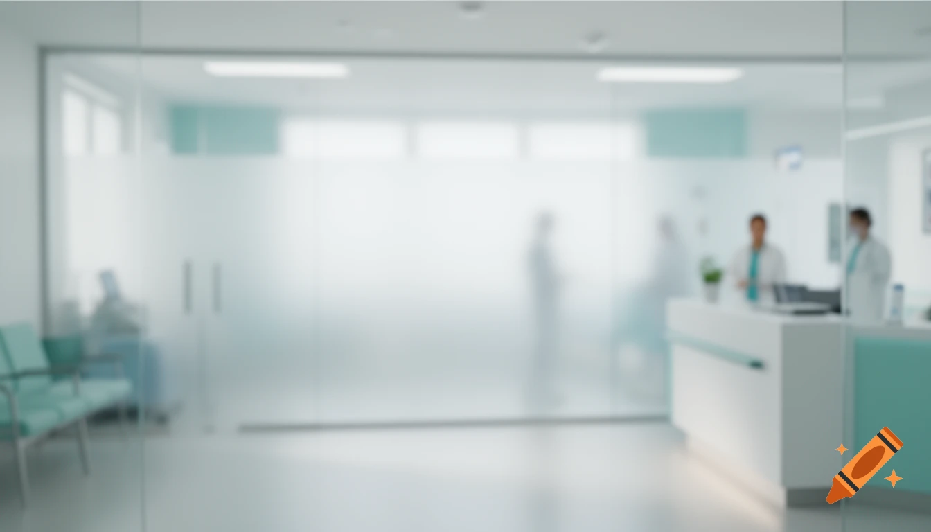 Blurred medical reception desk in a clean, minimalist healthcare facility with soft teal and white tones.