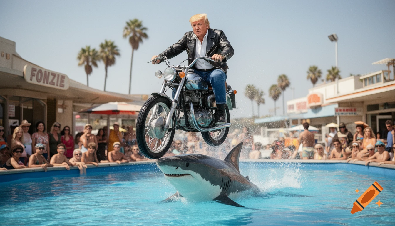 Donald Trump in a leather jacket riding a motorcycle over a shark in a pool, surrounded by onlookers, photorealistic.