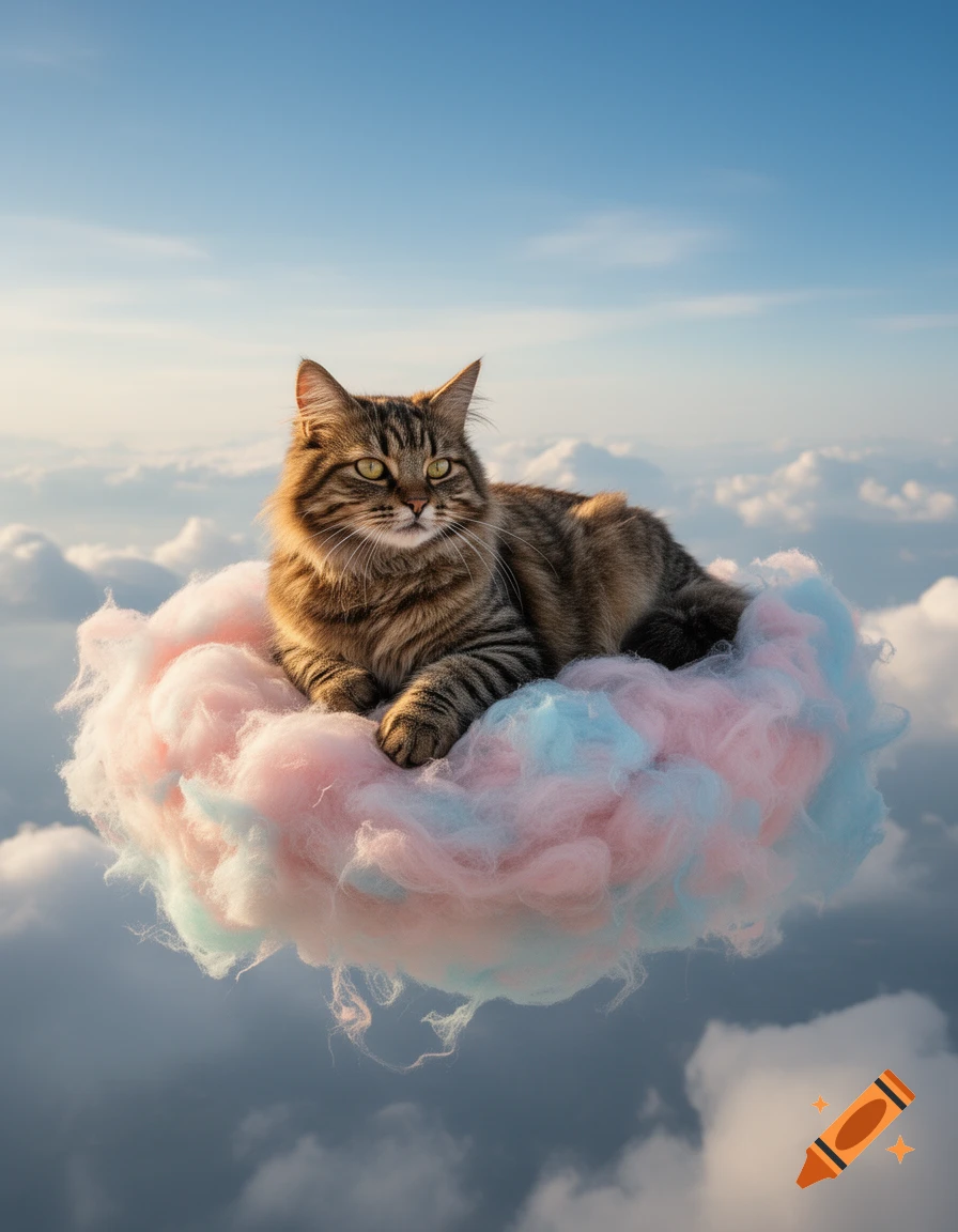 A fluffy tabby cat relaxing on a pastel pink and blue cotton candy cloud against a blue sky with distant clouds, photorealistic.