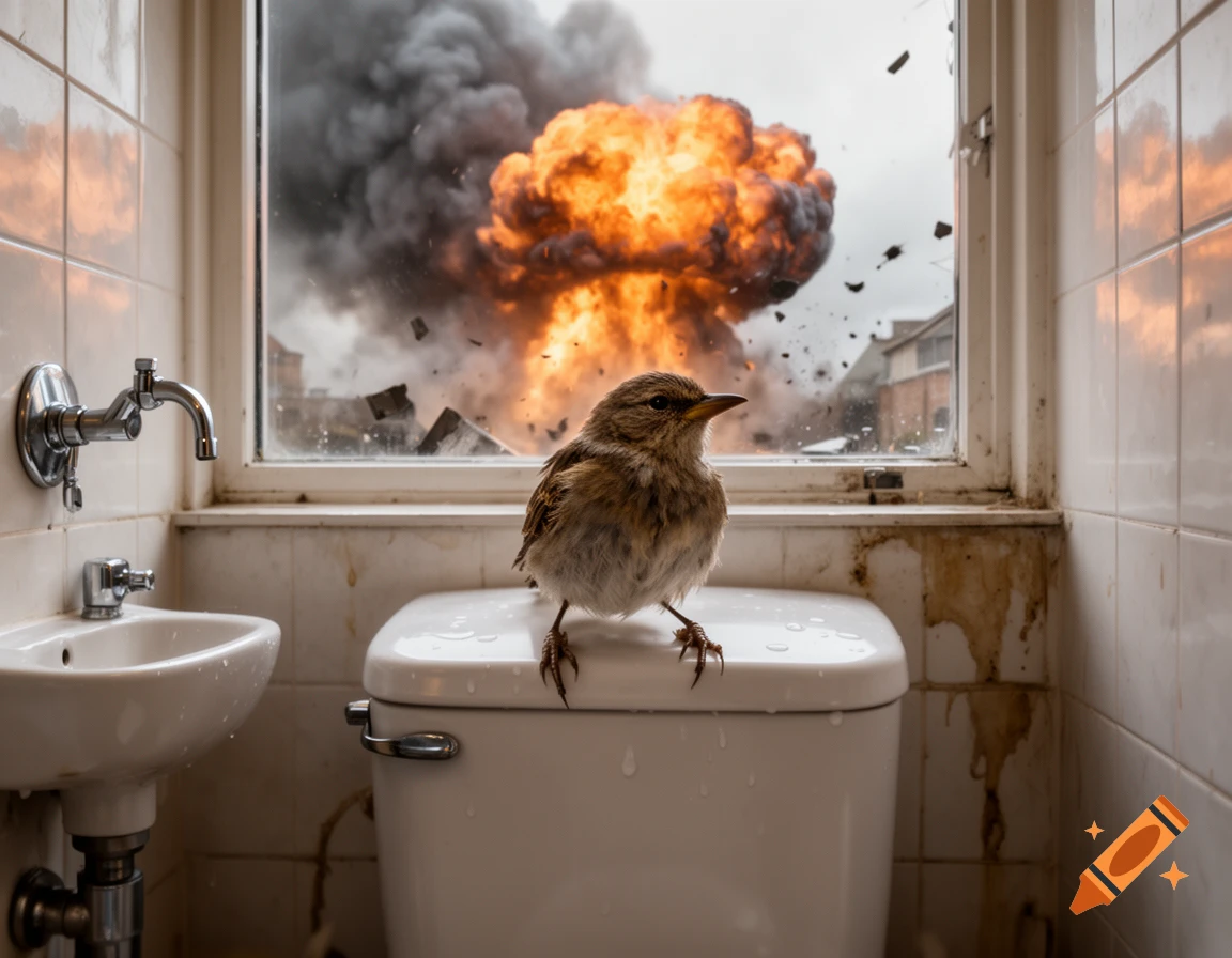 Photorealistic image of a small brown bird perched on the tank of a toilet in a dirty bathroom, looking out a window at a large explosion.