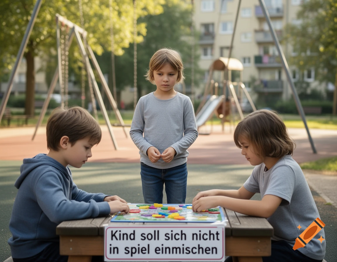 Three children playing a board game outdoors on a playground, with a sign in German in the foreground.