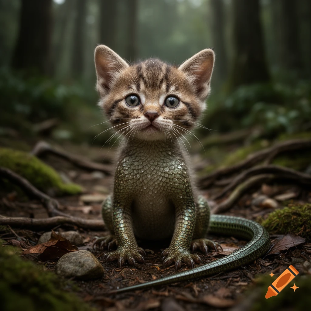 Photorealistic fantasy creature mixing a kitten head with a scaly lizard body and tail in a forest.