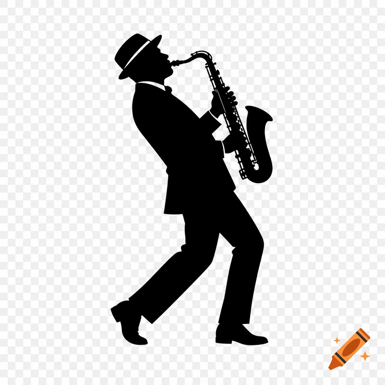 Minimalist vector logo of a saxophone player silhouette in jazz blues style on transparent background.