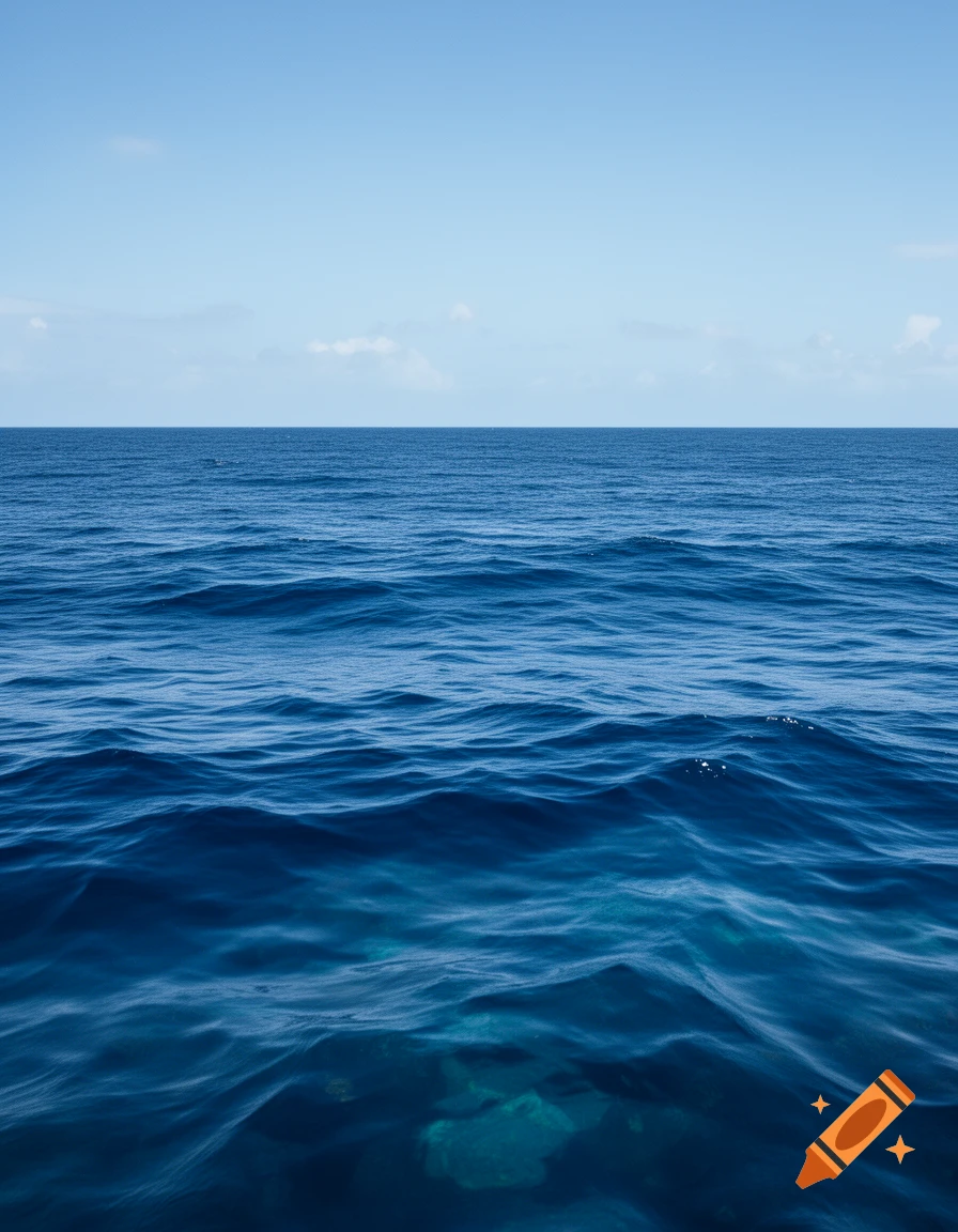 Deep blue sea with gentle waves under a clear blue sky, photorealistic.