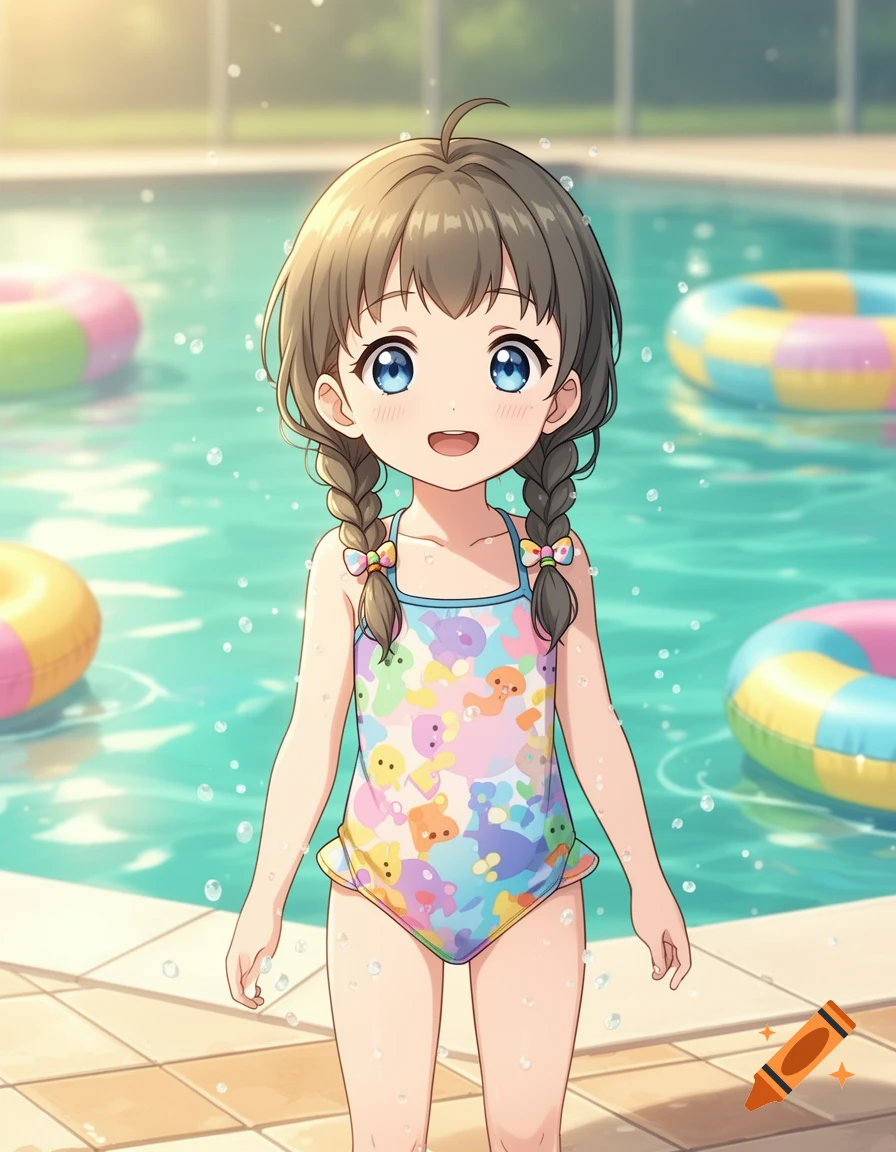 An anime-style illustration of a smiling young girl in a colorful swimsuit by a swimming pool with inflatable rings.