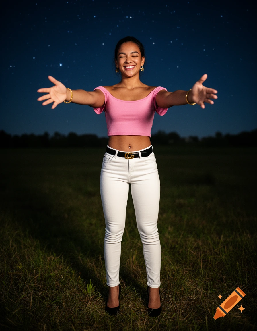 Photorealistic image of a smiling teenage girl with her arms outstretched for a hug, standing in a grassy field at night under a starry sky.