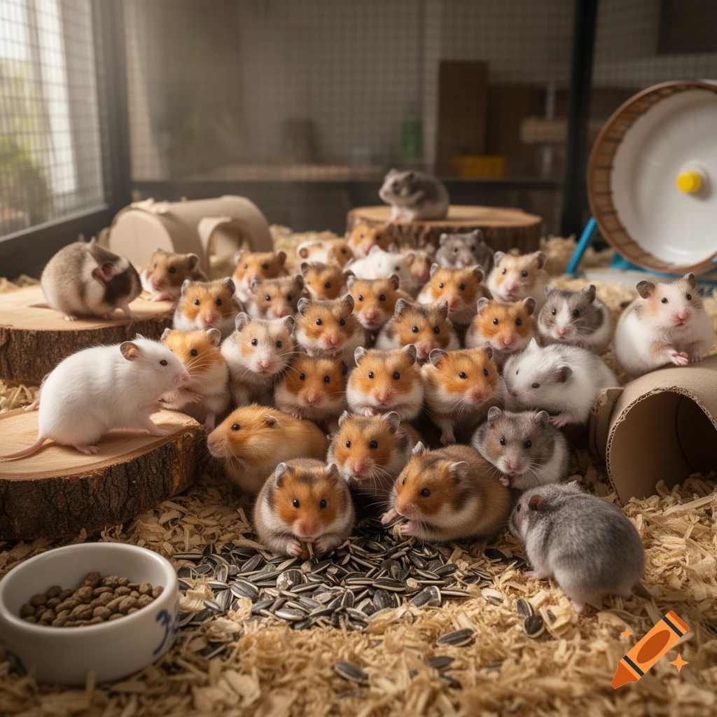Photorealistic image of a large group of diverse hamsters gathered in a cage with wood shavings and a running wheel.