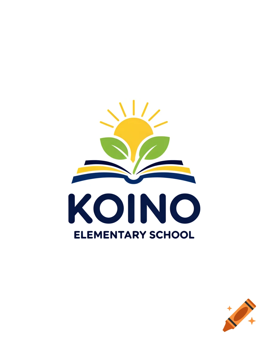 Logo for Koino Elementary School featuring an open book, sprouting leaves, and a rising sun in blue, yellow, and green.