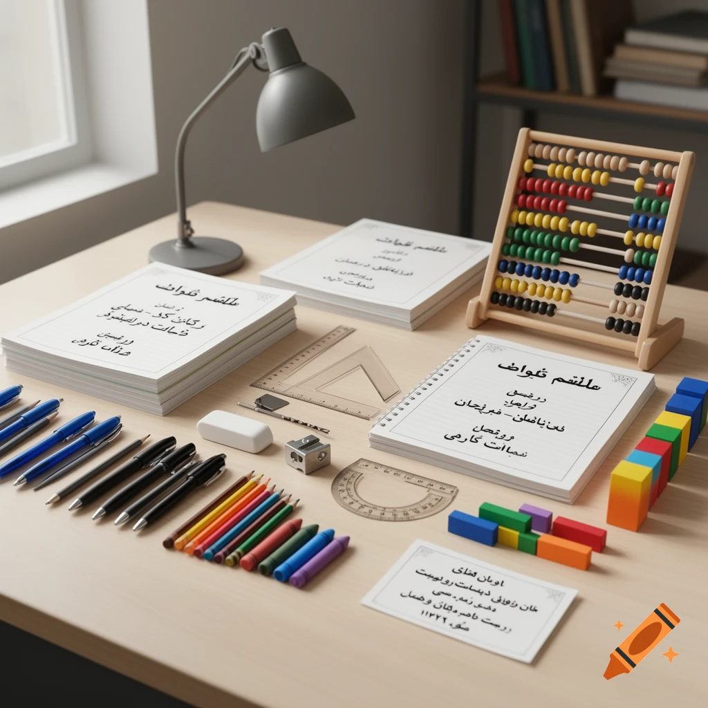 A desk organized with school supplies, notebooks, pens, colored pencils, an abacus, and a lamp.