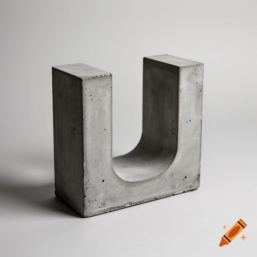 A photorealistic concrete block shaped like the letter U on a plain grey background.