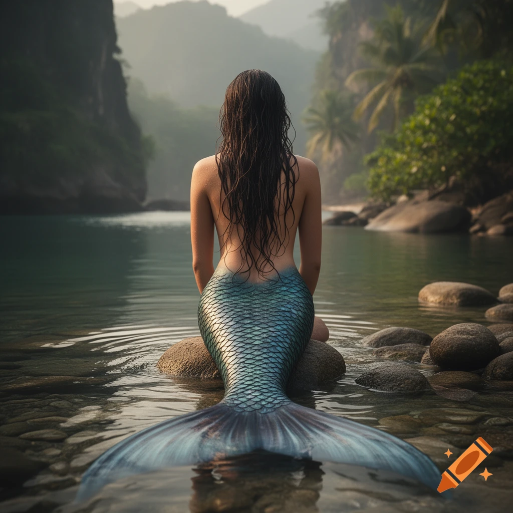 Photorealistic rear view of a mermaid with wet hair sitting on a rock in a serene tropical river with mountains in the background.
