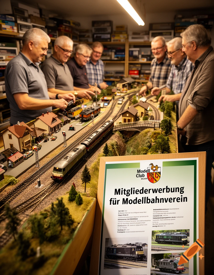 Group of men gathered around a detailed model train layout in a room, with a sign reading 'Mitgliederwerbung für Modellbahnverein'.