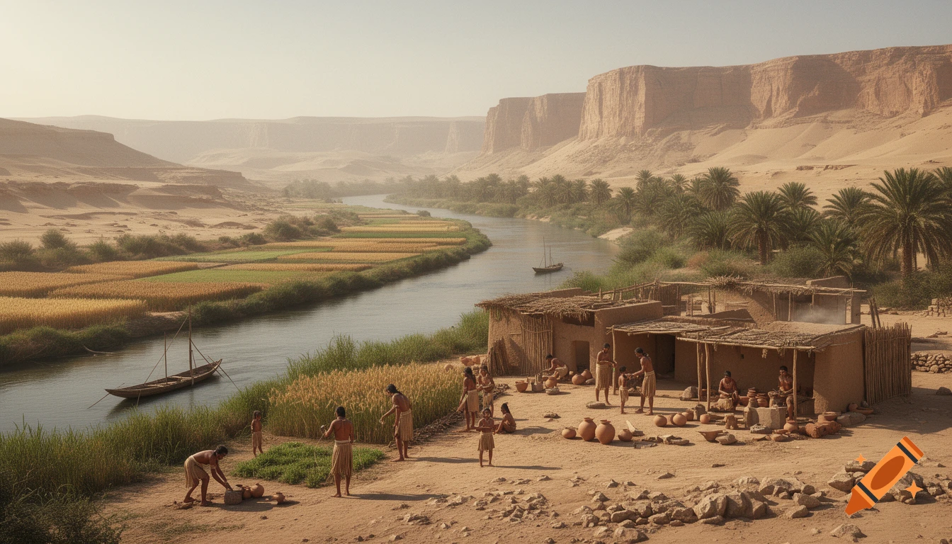 Photorealistic wide-angle view of the Nile Valley in Upper Egypt during the Naqada III period, showing a small prehistoric settlement, farmers, and a riverboat.