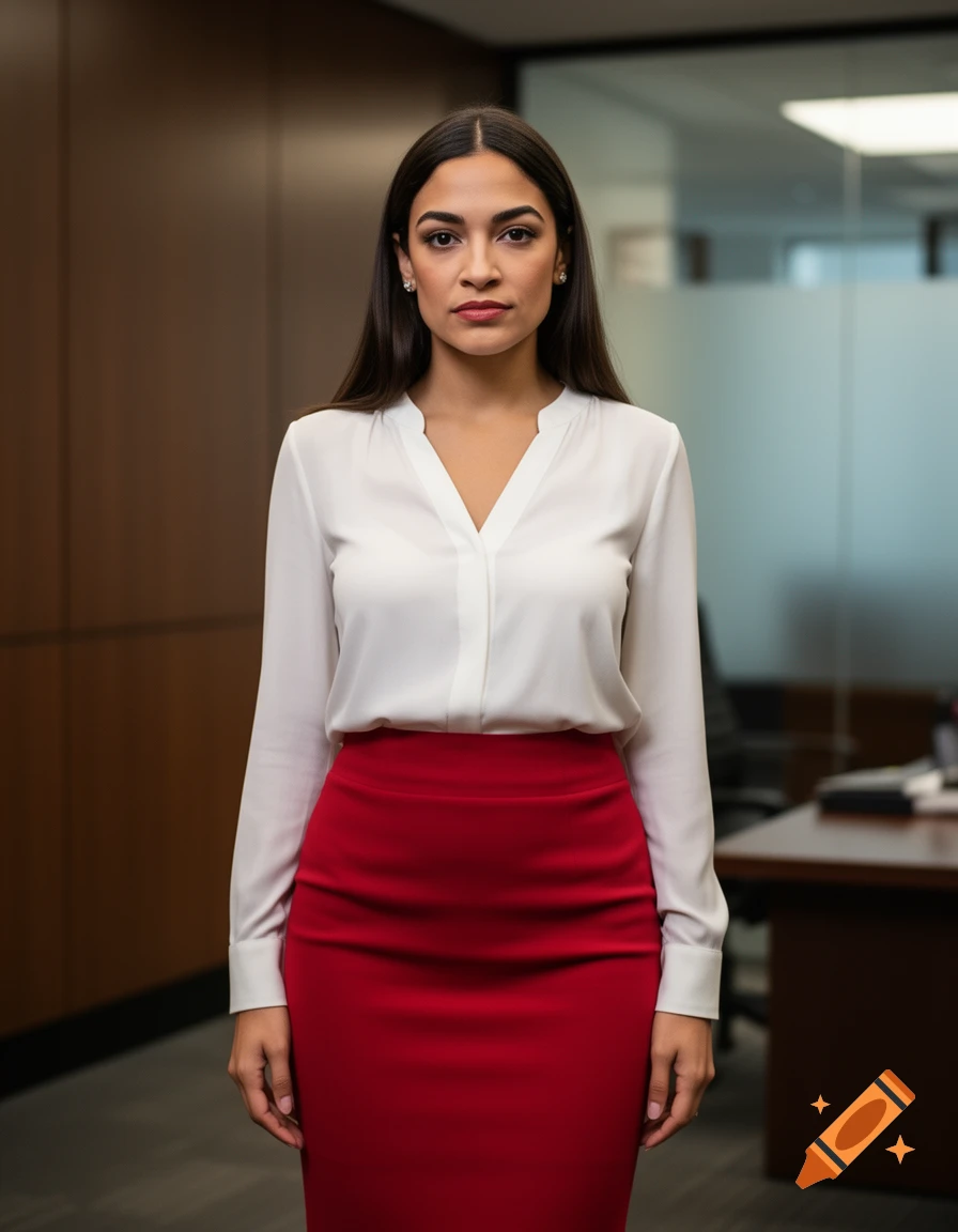 Photorealistic portrait of a woman resembling a politician standing in an office, wearing a white blouse and a red skirt.