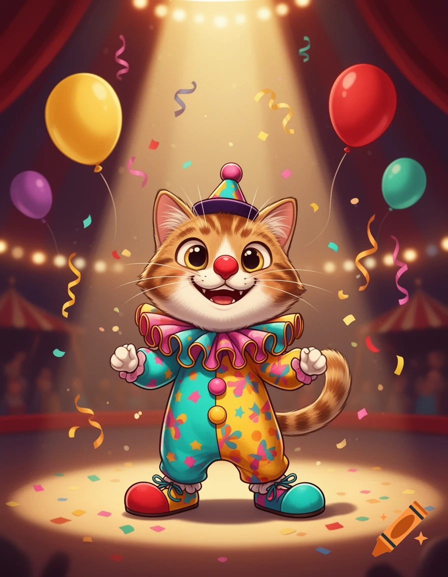 An animated cat dressed as a clown in a circus with balloons and confetti.