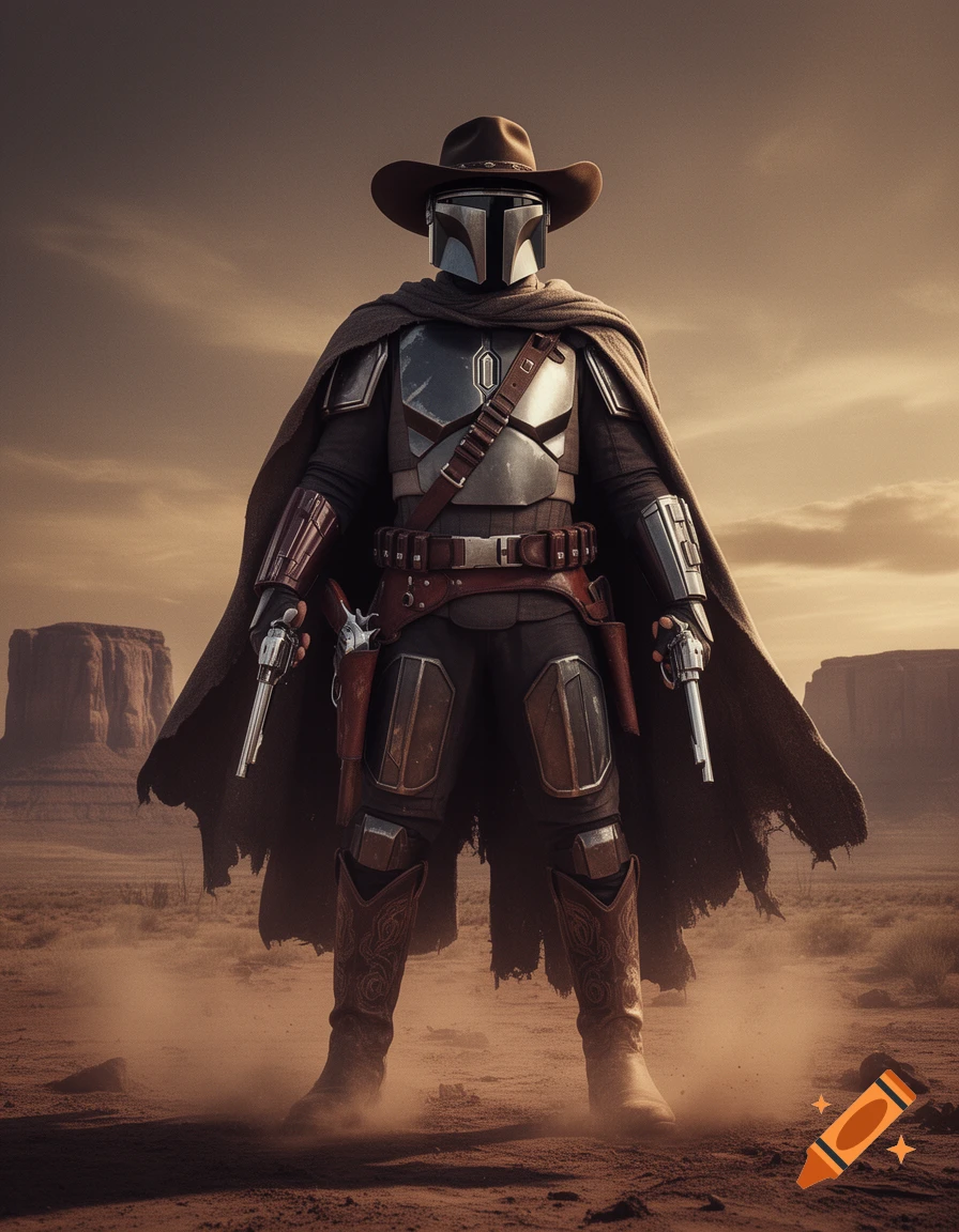 Photorealistic Mandalorian in a cowboy hat and poncho holding revolvers in a desert landscape.