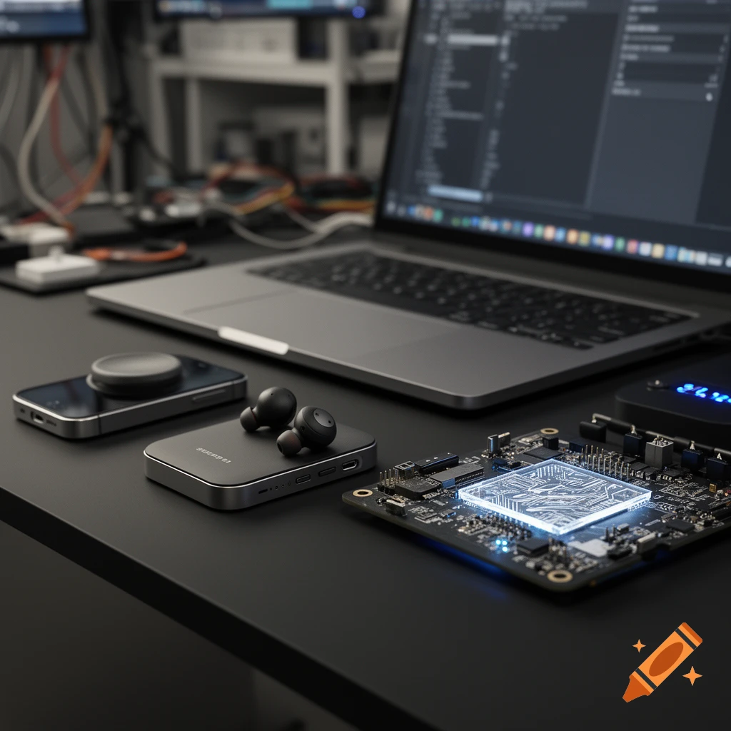 Photorealistic desk setup with a laptop, wireless earbuds, smartphone, and an illuminated circuit board.