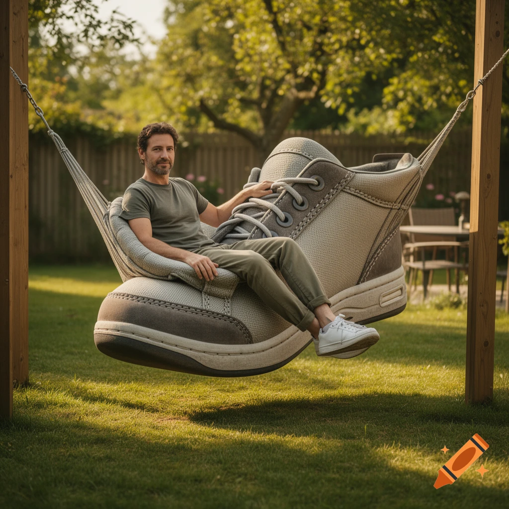 A man sitting comfortably inside a giant sneaker-shaped hammock in a lush green backyard, photorealistic.