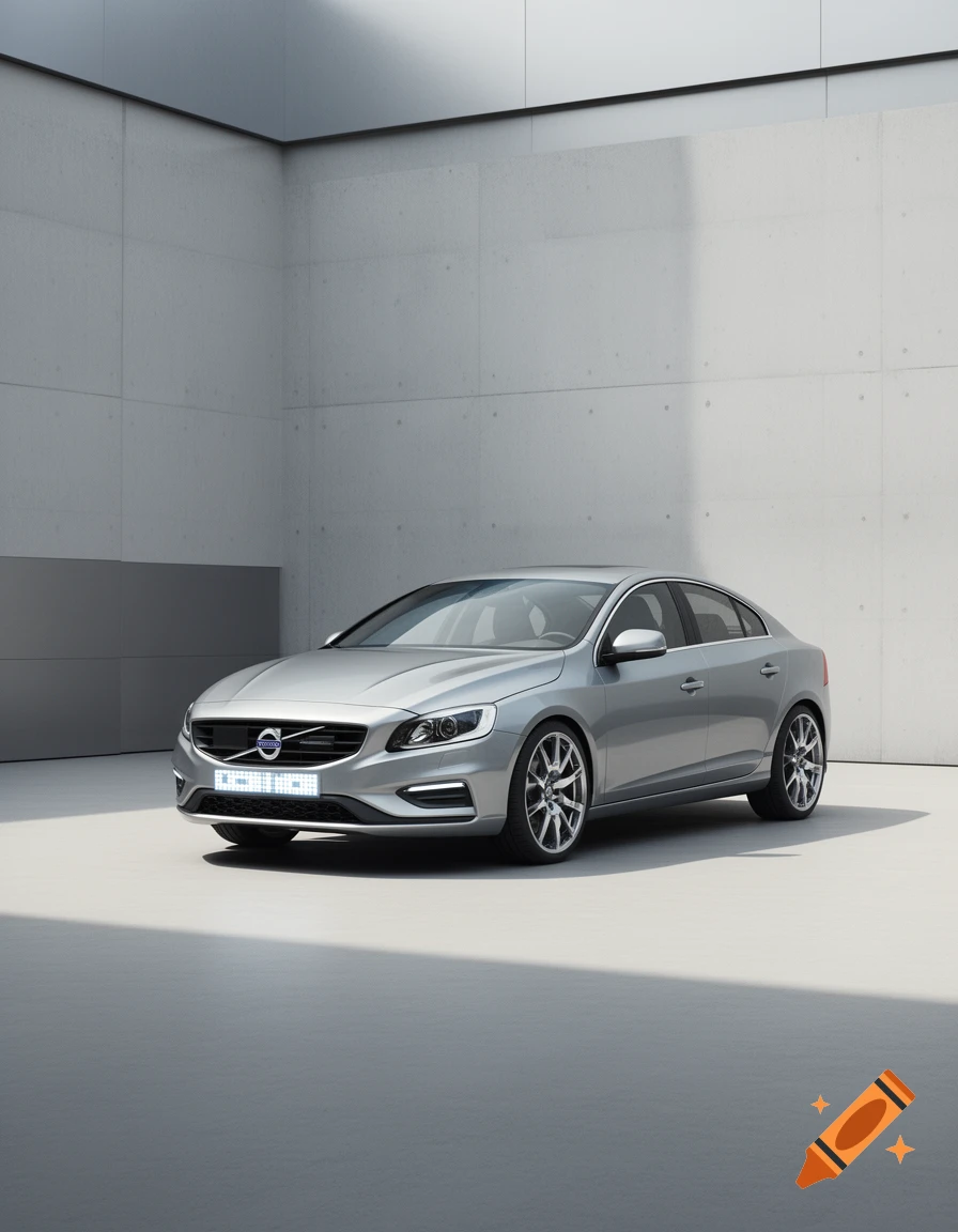 Photorealistic render of a silver Volvo sedan concept car parked in a minimalist concrete room.