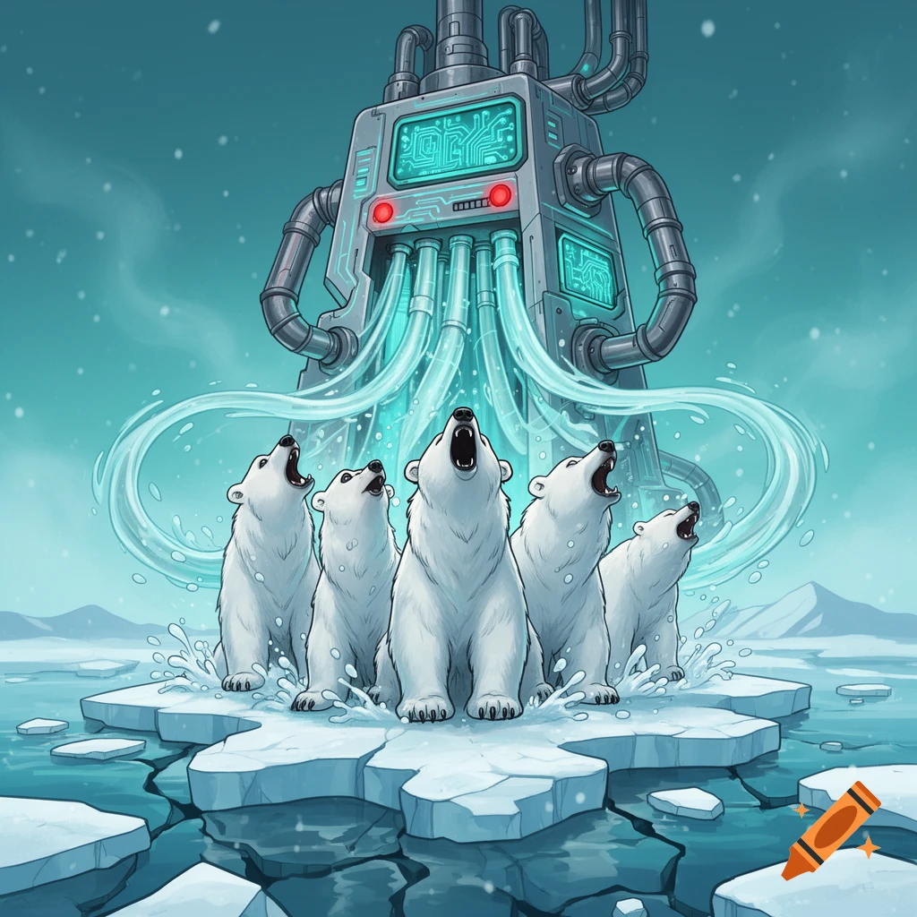 Cartoon illustration of polar bears howling on an ice floe while a futuristic machine siphons water with glowing pipes.