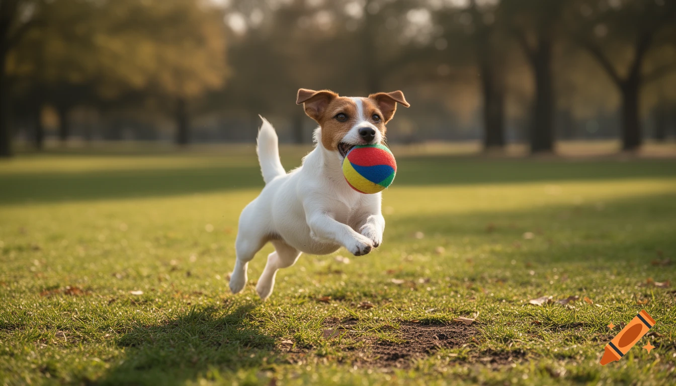 Photorealistic image of a Jack Russell Terrier mid-air in a park, catching a colorful ball in its mouth.