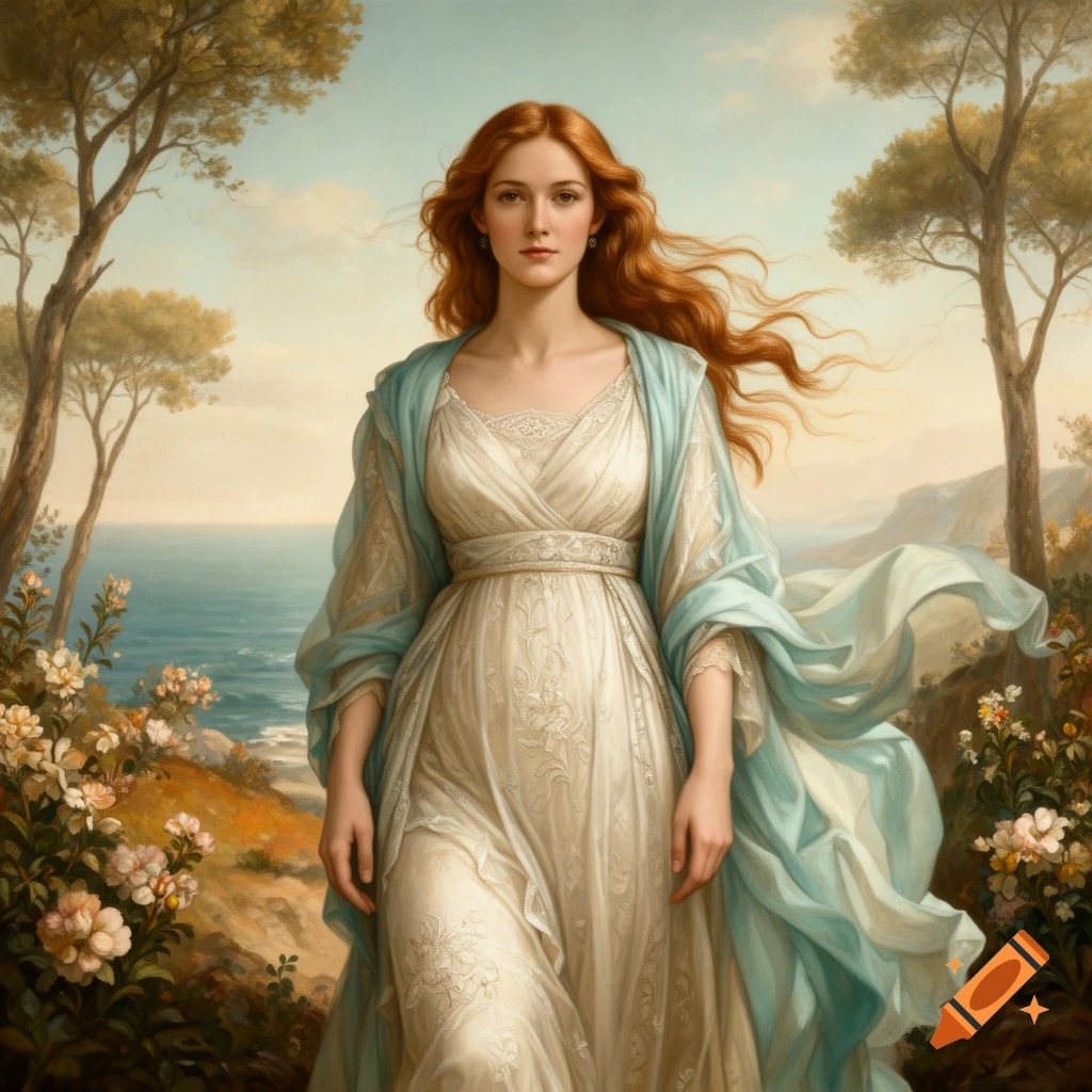 Portrait of a red-haired woman in a white dress with a light blue shawl, standing by the sea in a Botticelli-inspired style.