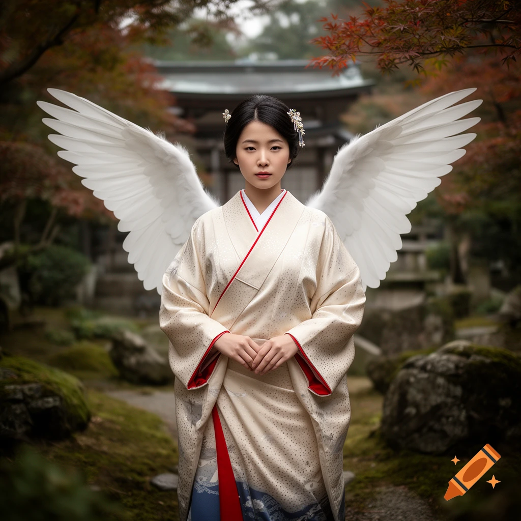 Photorealistic portrait of a Japanese woman in a patterned kimono with large white angel wings against a temple garden background.