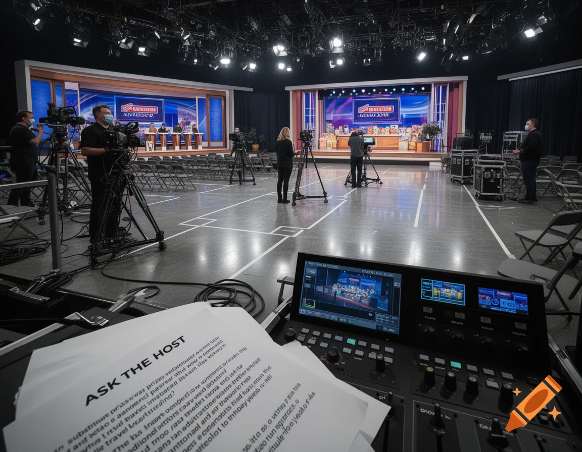 First-person view of a television studio control room with a mixing console and script in the foreground, facing a stage with cameras and crew.