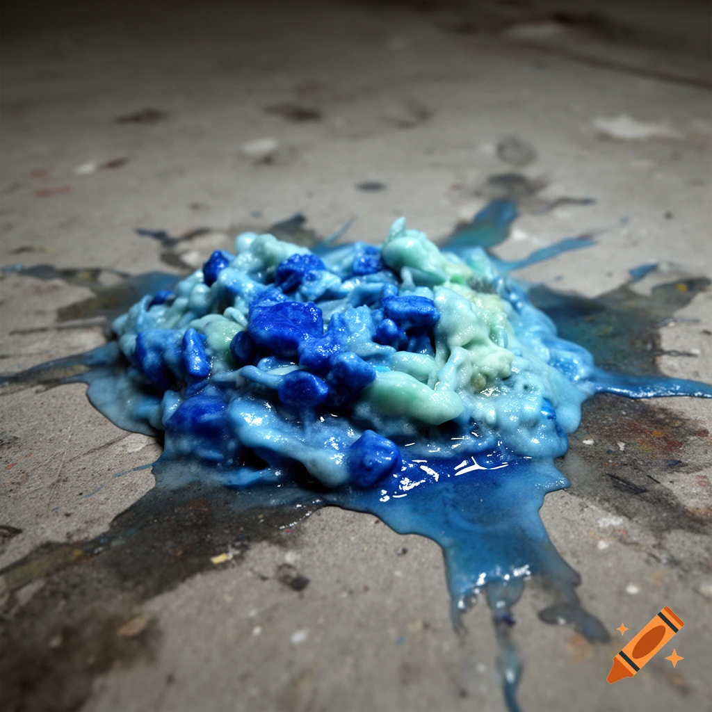 Close-up photorealistic shot of blue and teal slime or vomit on a concrete floor.