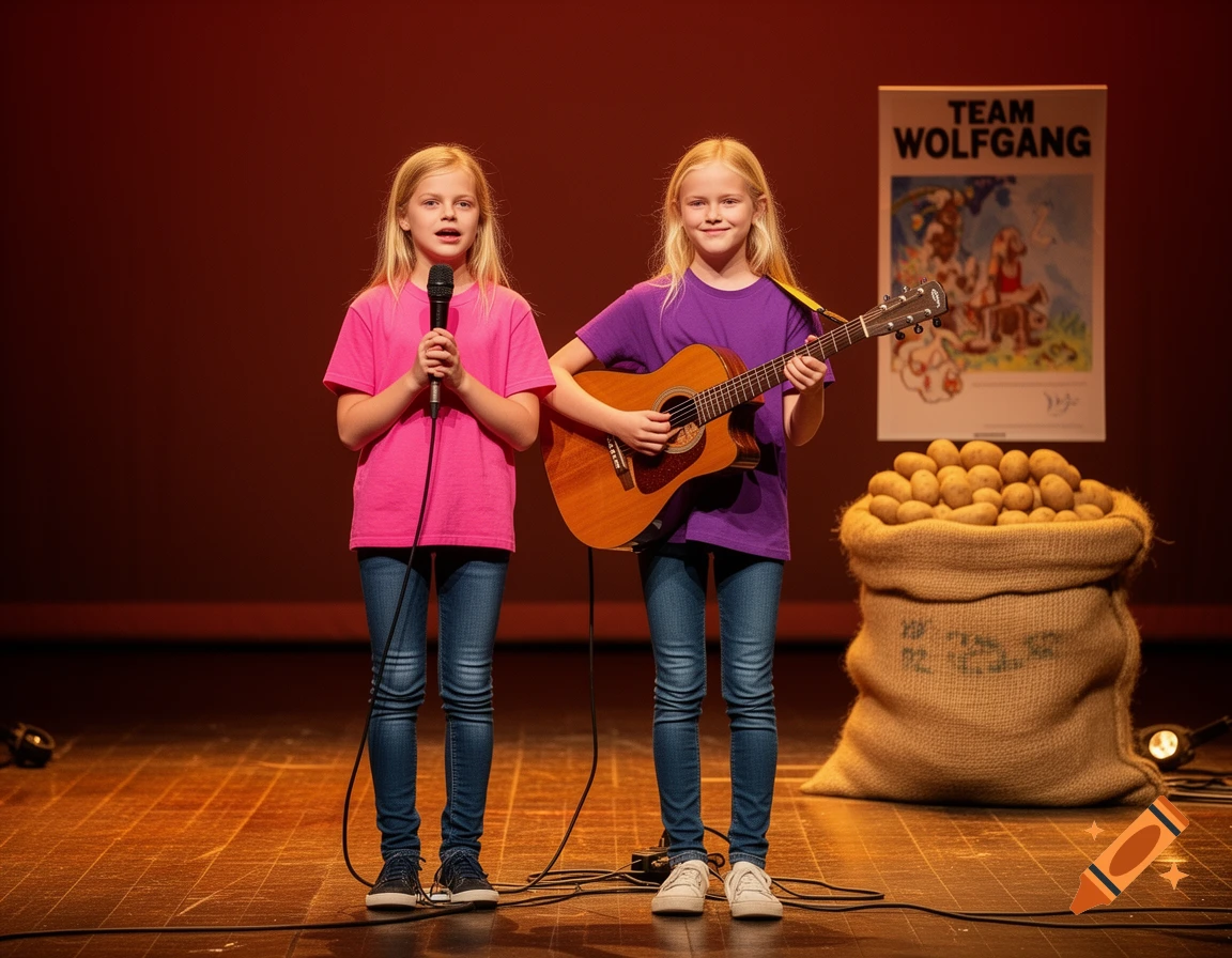 Two blond girls performing on stage, one holding a microphone and the other playing a guitar, with a large sack of potatoes and a poster in the background.