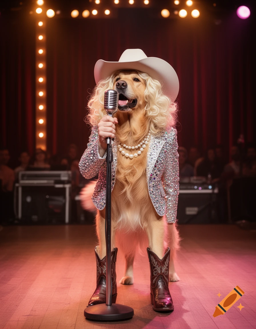 A golden retriever dog dressed as Dolly Parton with a blonde wig, cowboy hat, sparkly jacket, and pearl necklace, holding a microphone on stage.