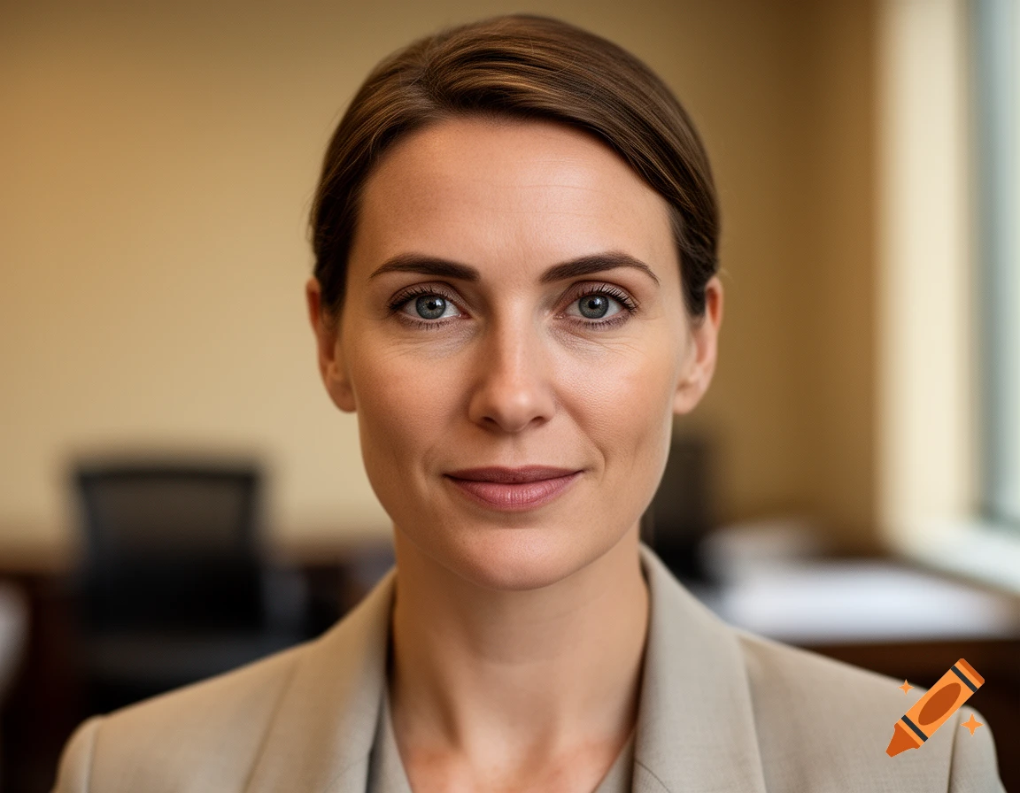 Close-up photorealistic portrait of a professional woman with brown hair in a neutral-toned blazer.