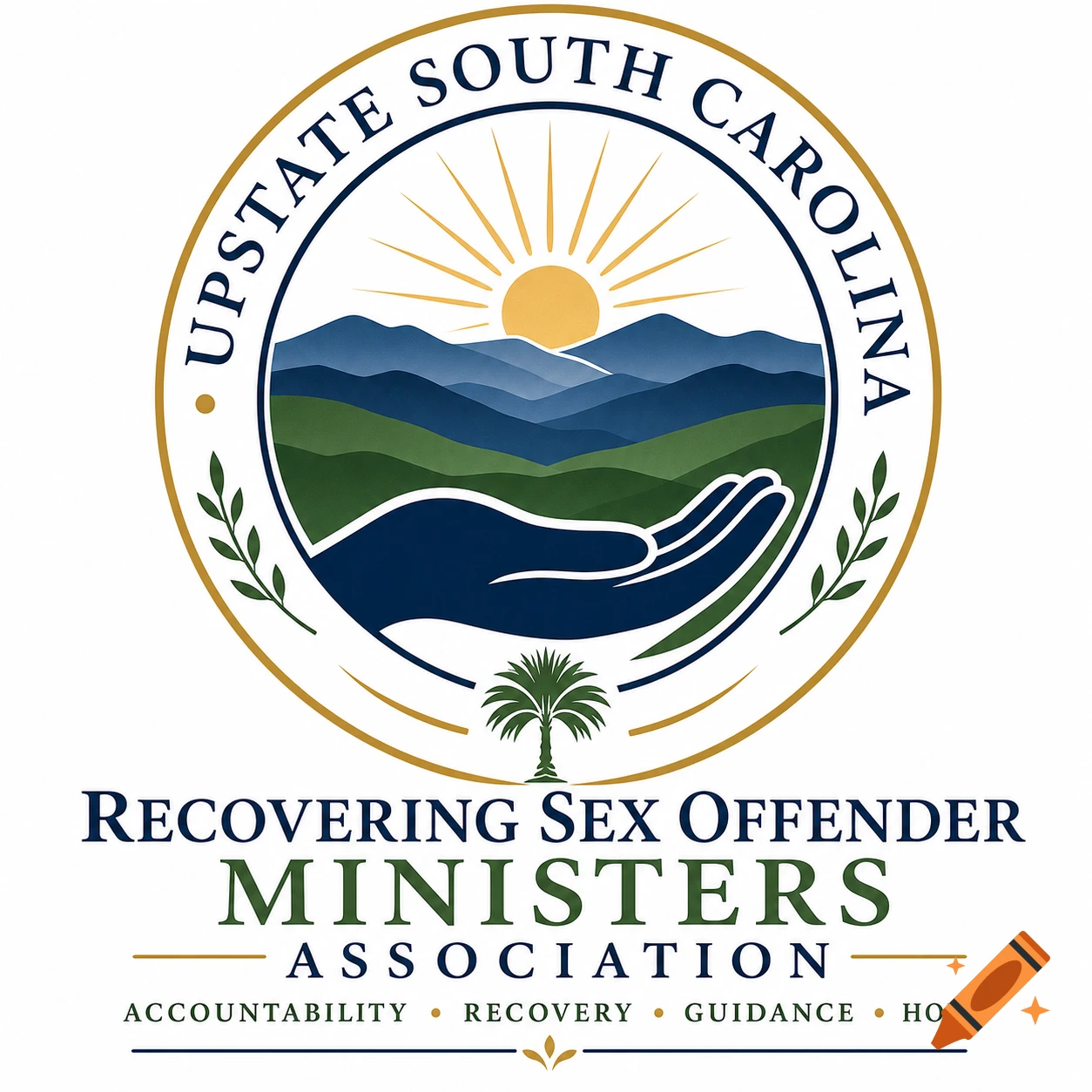 Logo for Upstate South Carolina Recovering Sex Offender Ministers Association featuring a mountain landscape inside a circular seal.