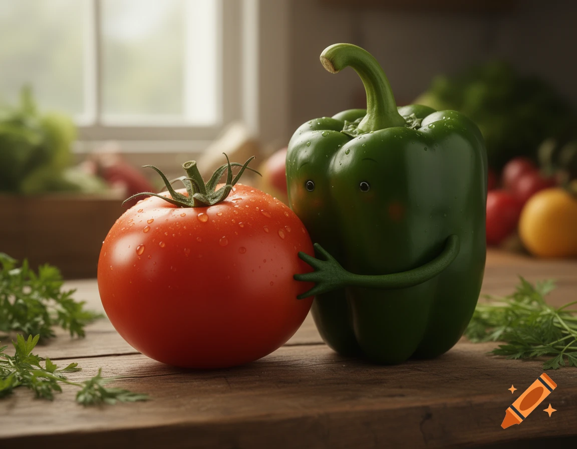 Photorealistic image of a cute green bell pepper with tiny arms hugging a red tomato on a wooden table.