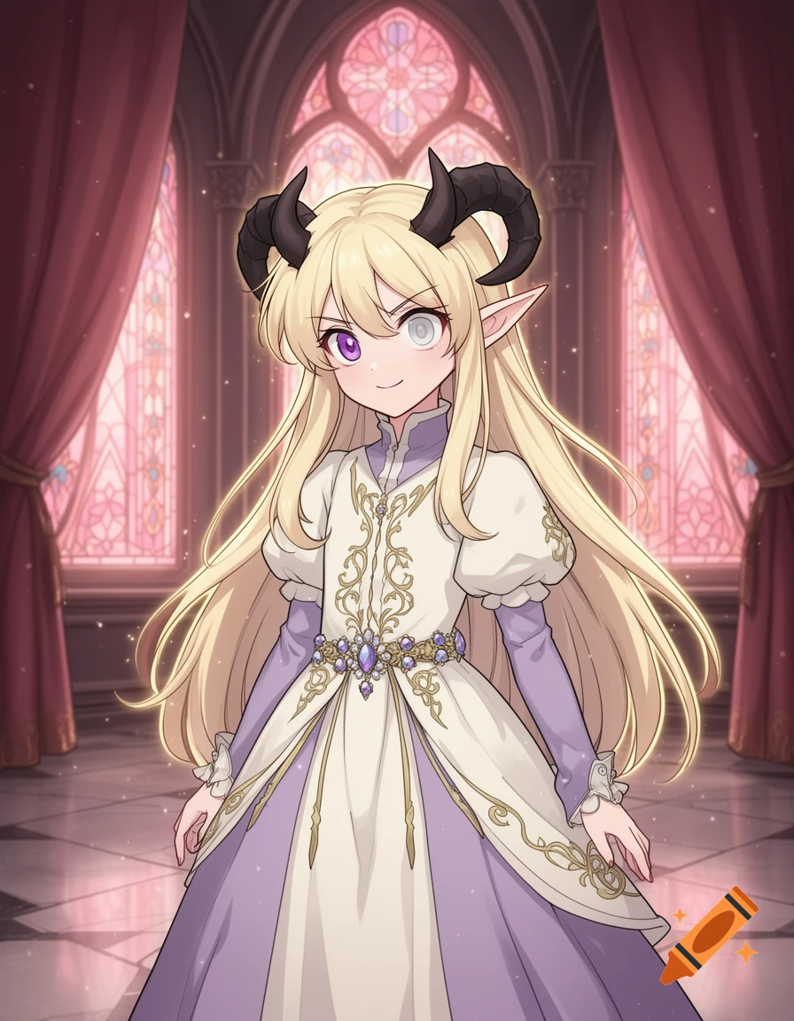 Anime style illustration of a young blonde tiefling girl with small black horns and heterochromia, wearing a regal white and purple dress.