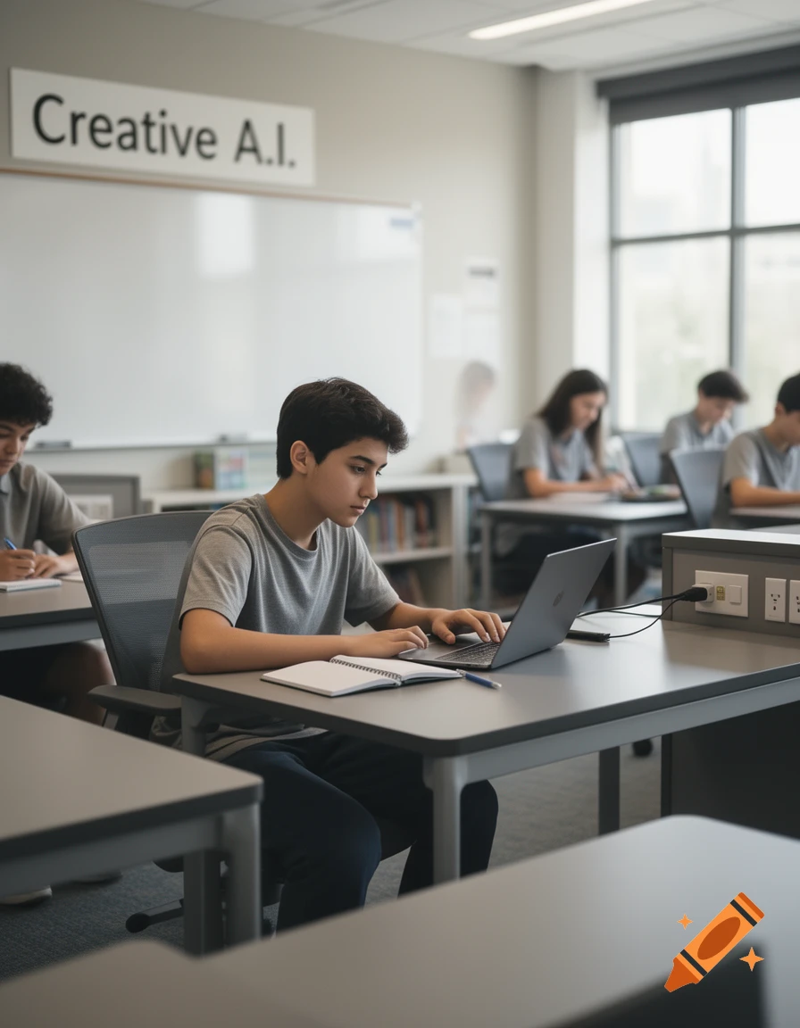 Photorealistic image of a young male student working on a laptop in a modern classroom.