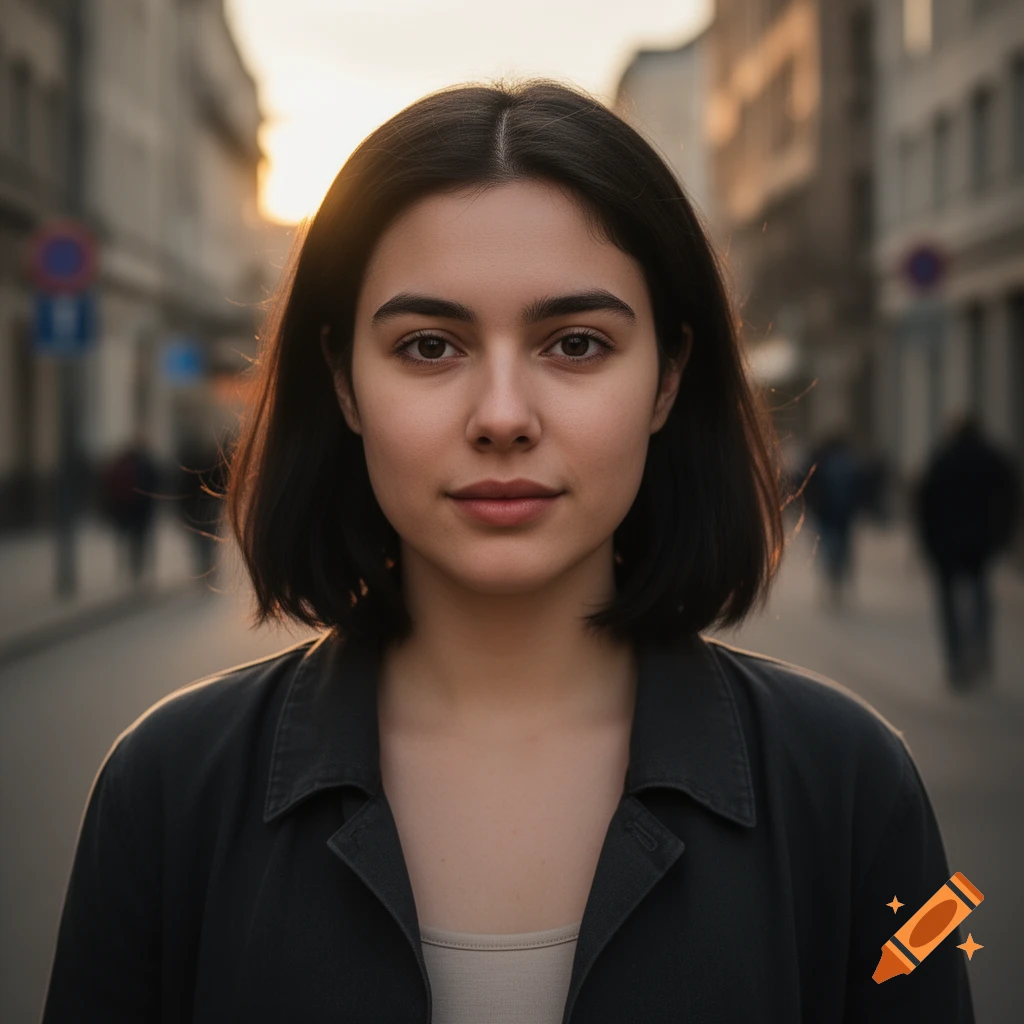 Photorealistic portrait of a young woman with dark short hair and a black jacket outdoors in a city.