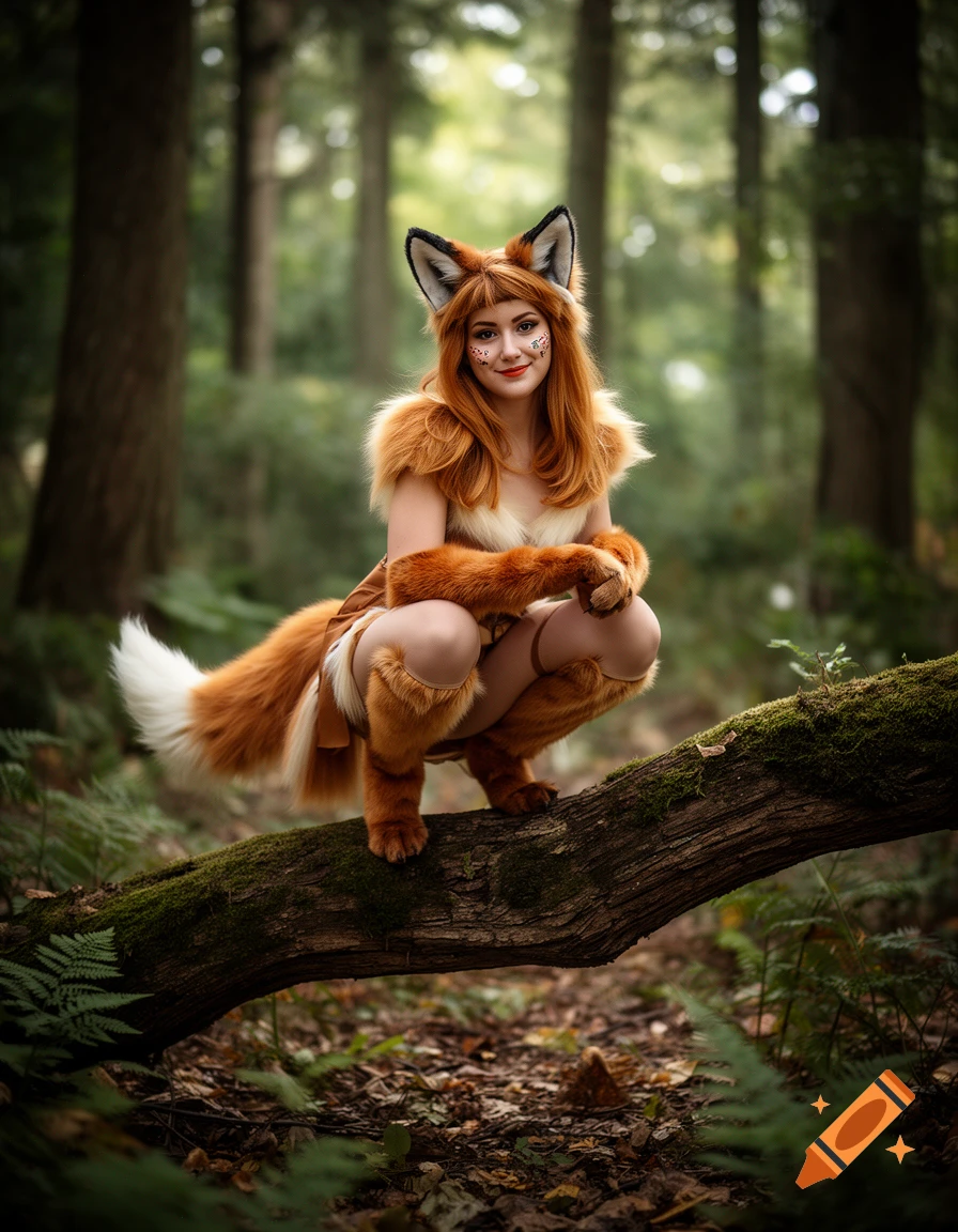 Photorealistic portrait of a woman in a fox cosplay crouching on a mossy tree branch in a forest.