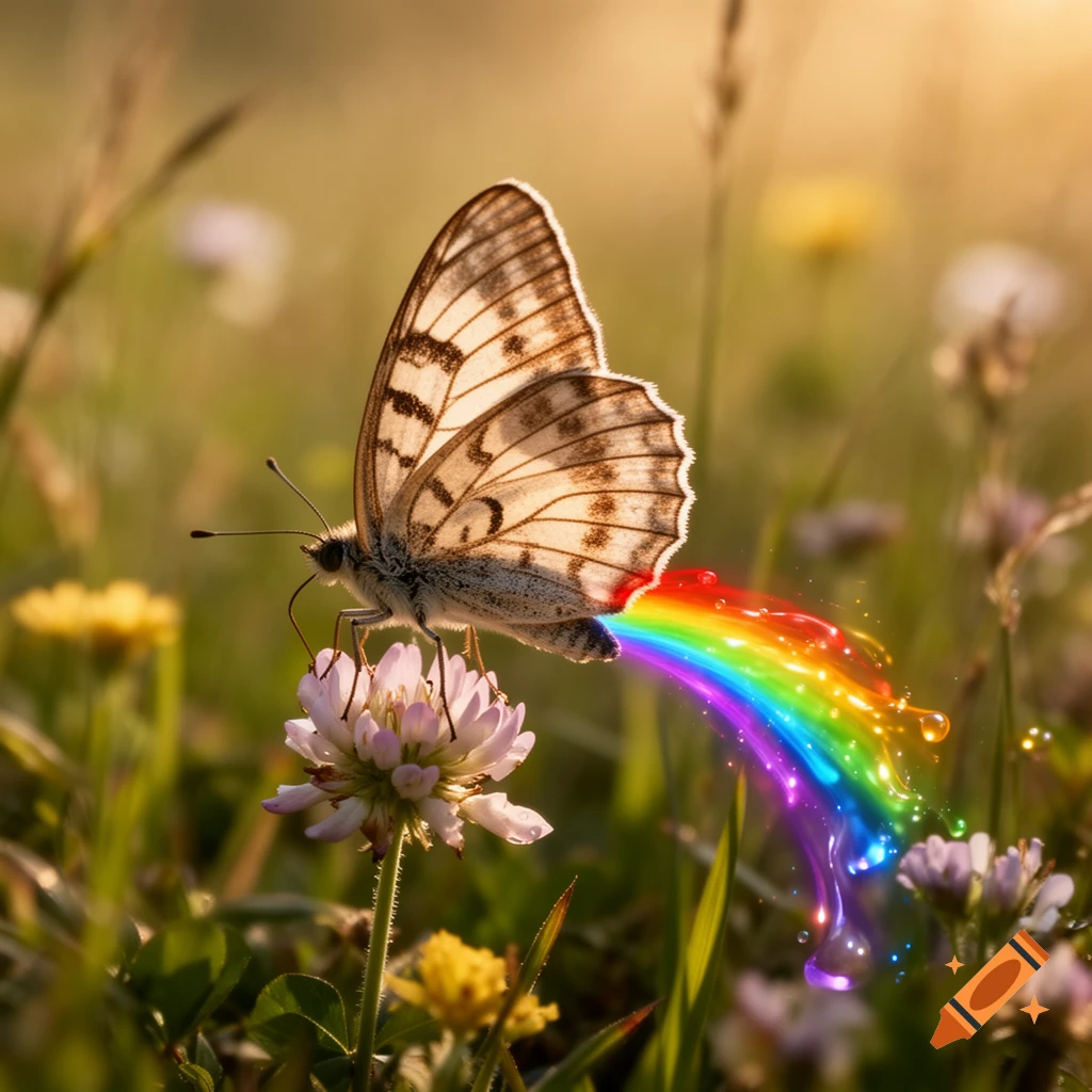 Photorealistic butterfly perched on a clover flower, producing a colorful rainbow stream from its tail in a sunny meadow.